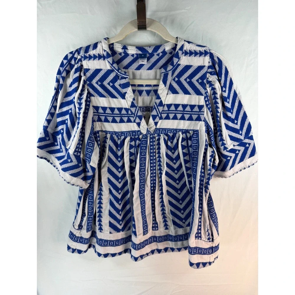 Old Navy Blue White Geometric Tribal Babydoll Blouse Top Womens Small Boho
